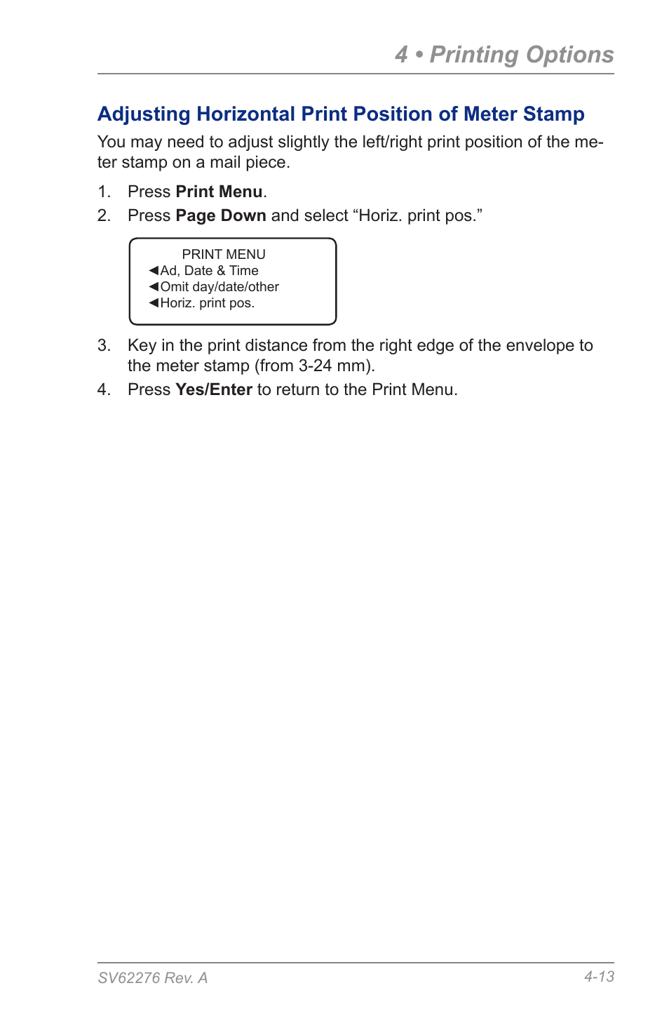 Adjusting horizontal print position of meter stamp, 4 • printing options | Pitney Bowes DM125 User Manual | Page 51 / 209