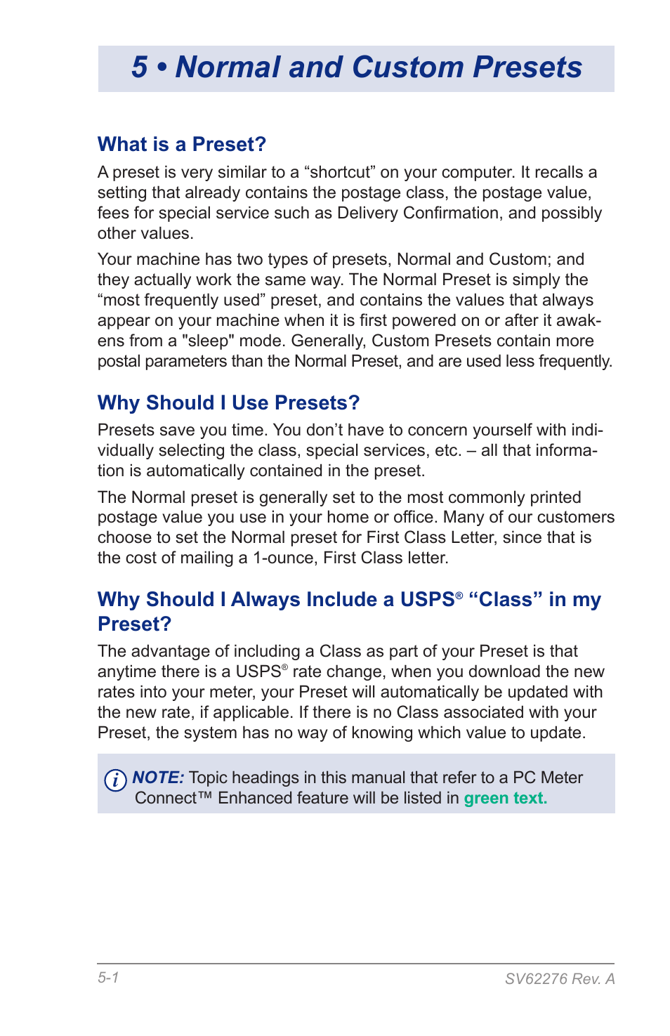 5 • normal and custom presets, What is a preset, Why should i use presets | Why should i always include a usps, Class” in my preset | Pitney Bowes DM125 User Manual | Page 53 / 209