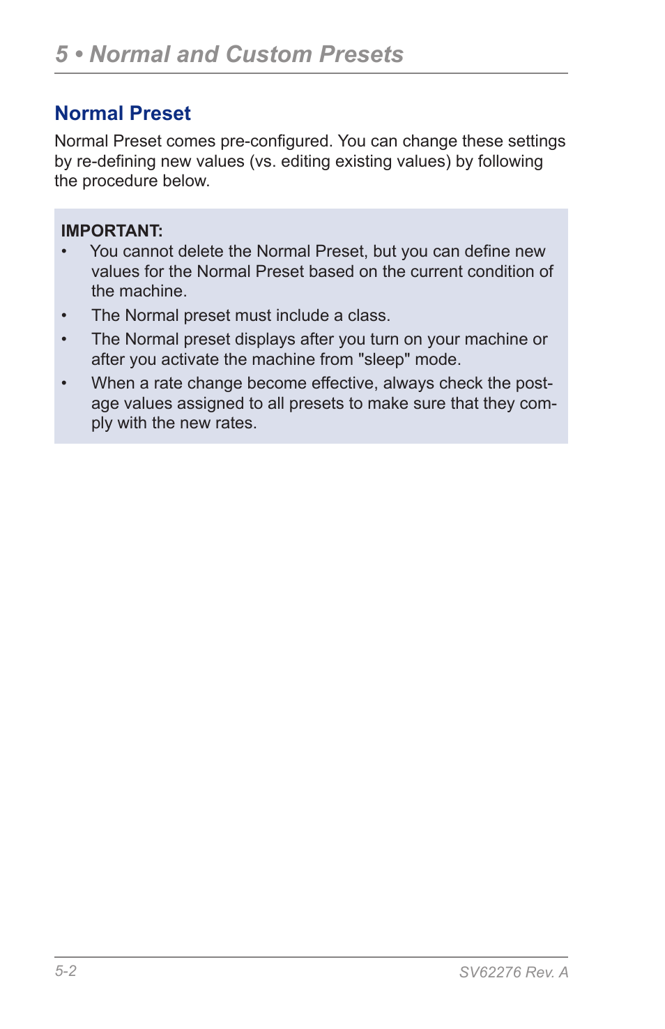 Normal preset, 5 • normal and custom presets | Pitney Bowes DM125 User Manual | Page 54 / 209