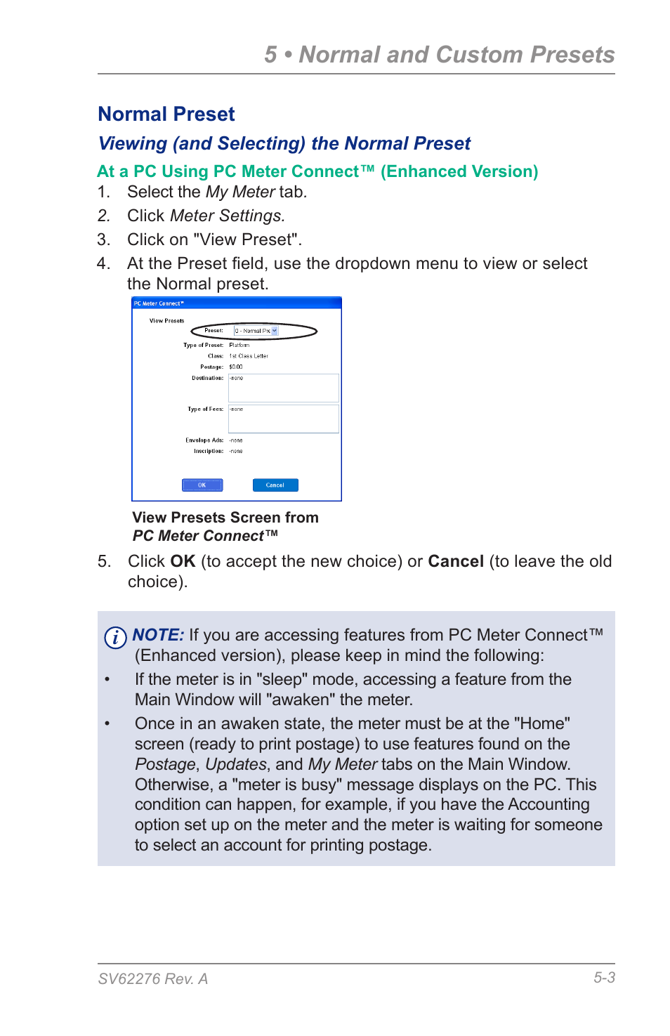 Viewing (and selecting) the normal preset, 5 • normal and custom presets, Normal preset | Pitney Bowes DM125 User Manual | Page 55 / 209