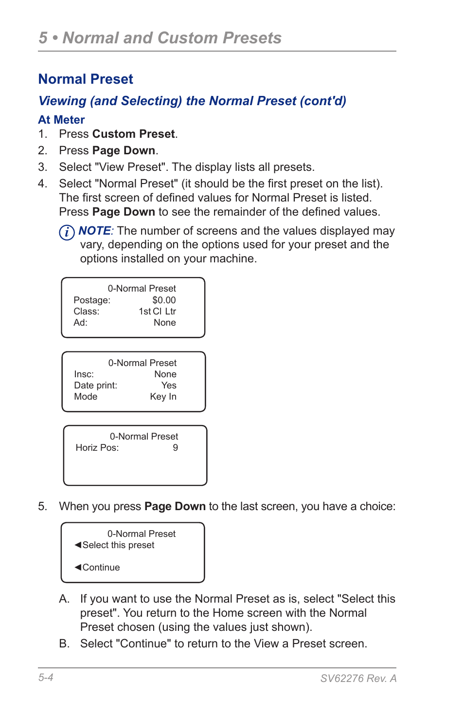 5 • normal and custom presets, Normal preset | Pitney Bowes DM125 User Manual | Page 56 / 209