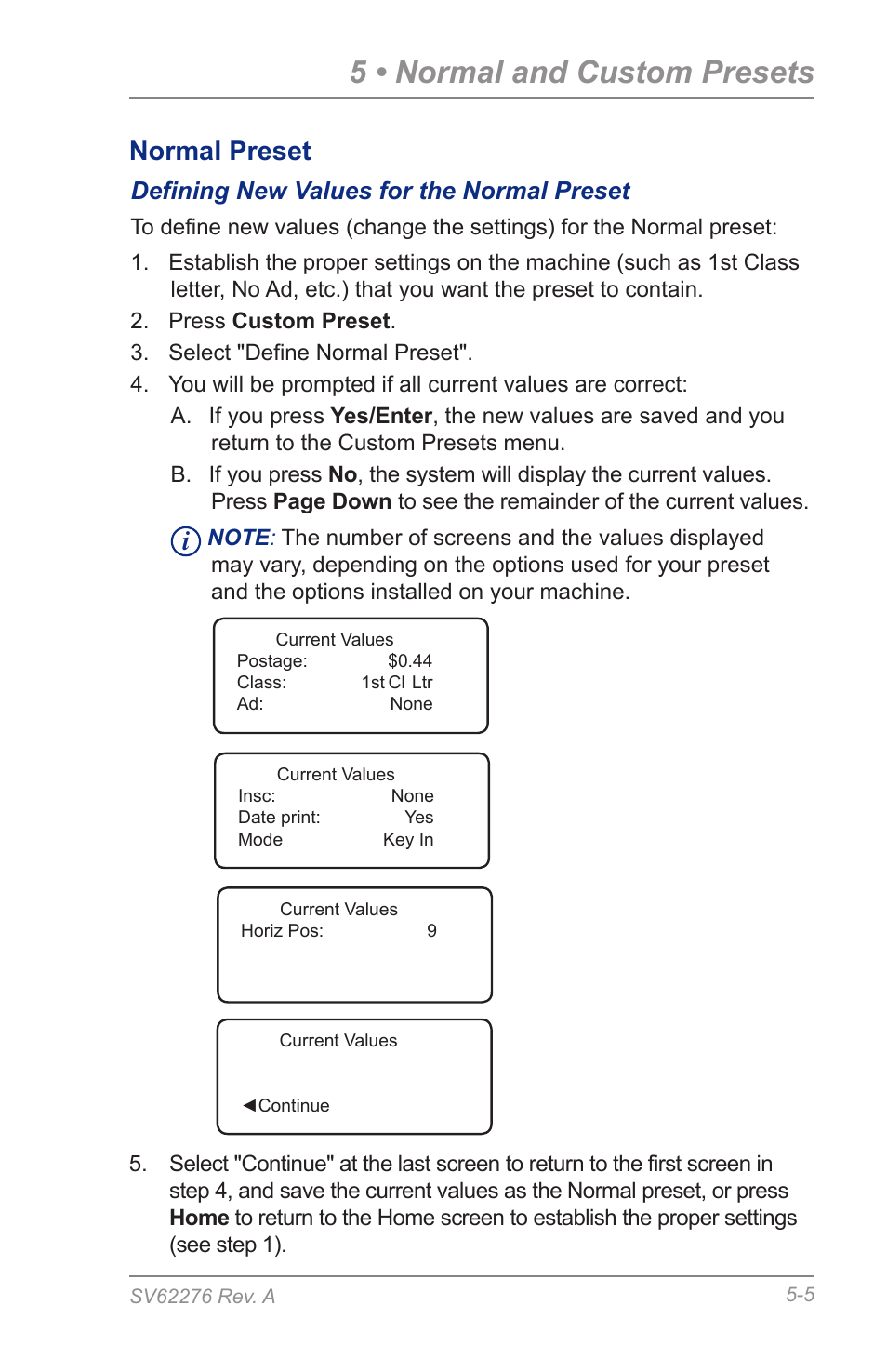 Defining new values for the normal preset, 5 • normal and custom presets, Normal preset | Pitney Bowes DM125 User Manual | Page 57 / 209