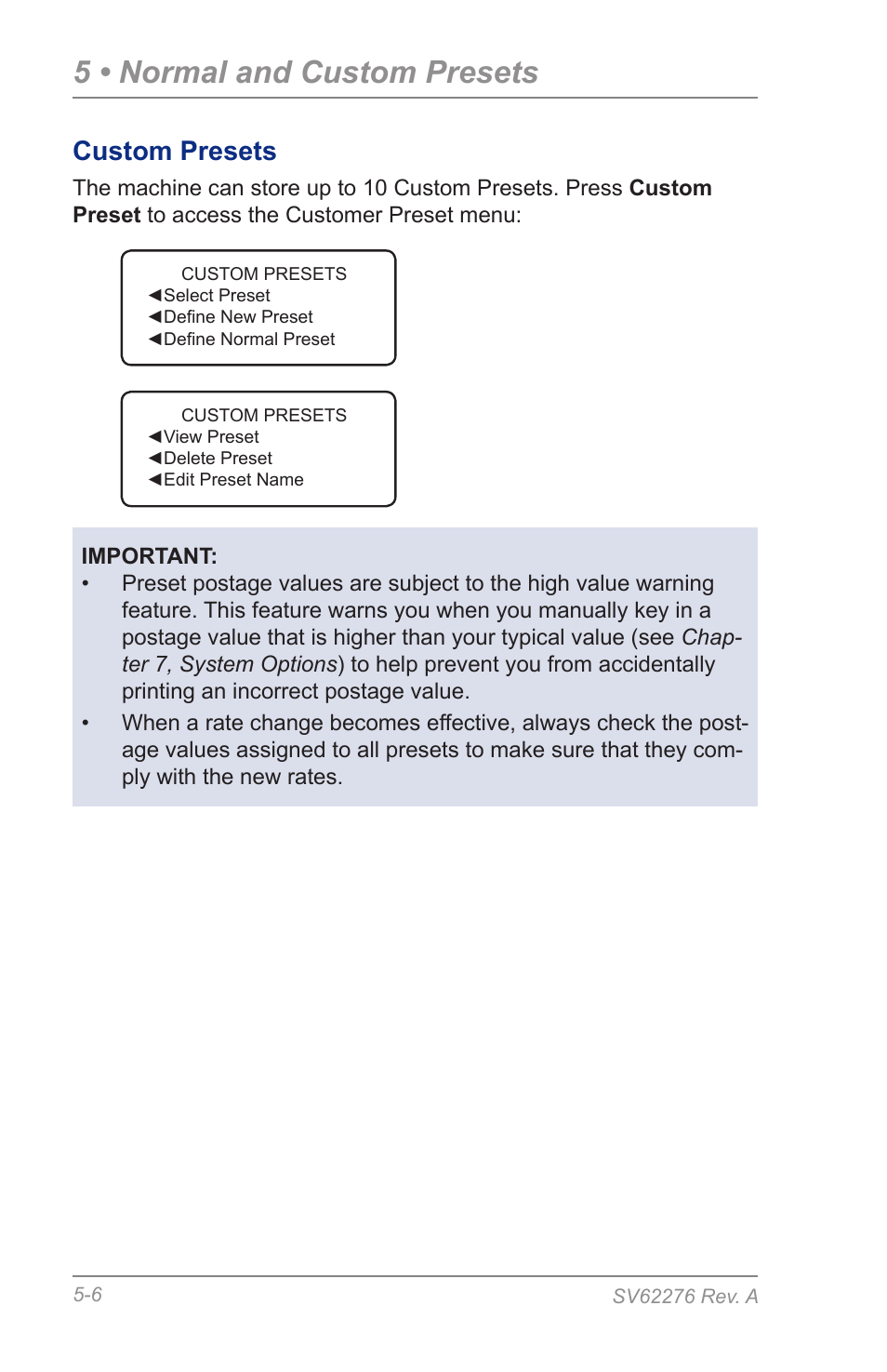 Custom presets, 5 • normal and custom presets | Pitney Bowes DM125 User Manual | Page 58 / 209