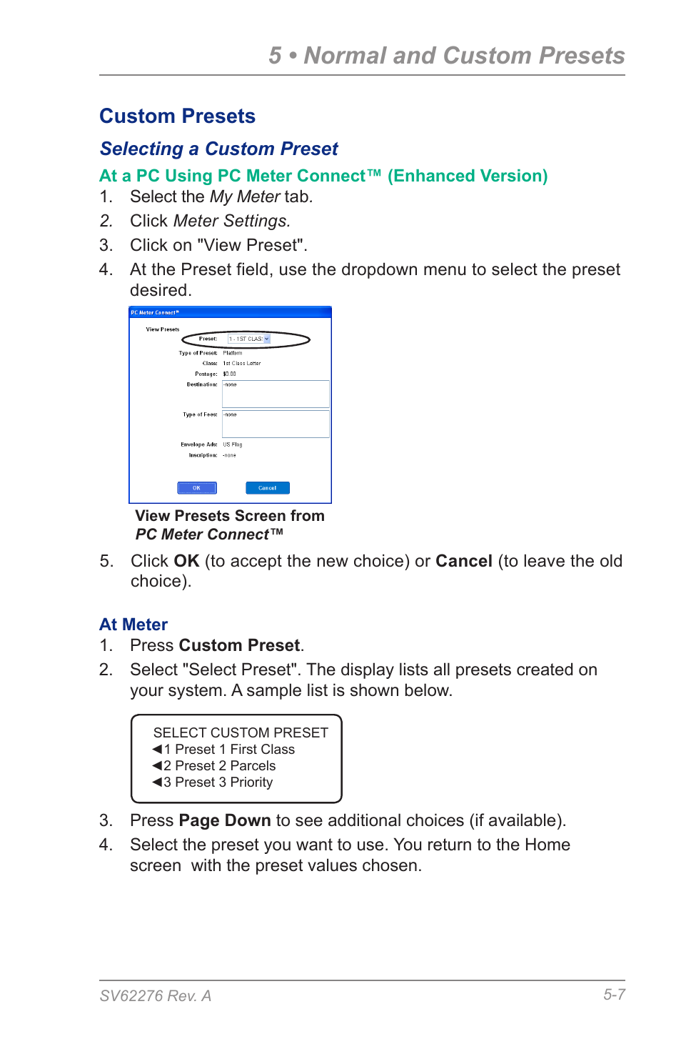 Selecting a custom preset, 5 • normal and custom presets, Custom presets | Pitney Bowes DM125 User Manual | Page 59 / 209