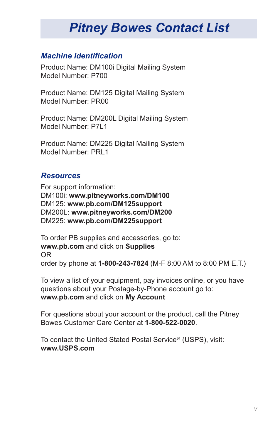 Pitney bowes contact list | Pitney Bowes DM125 User Manual | Page 6 / 209