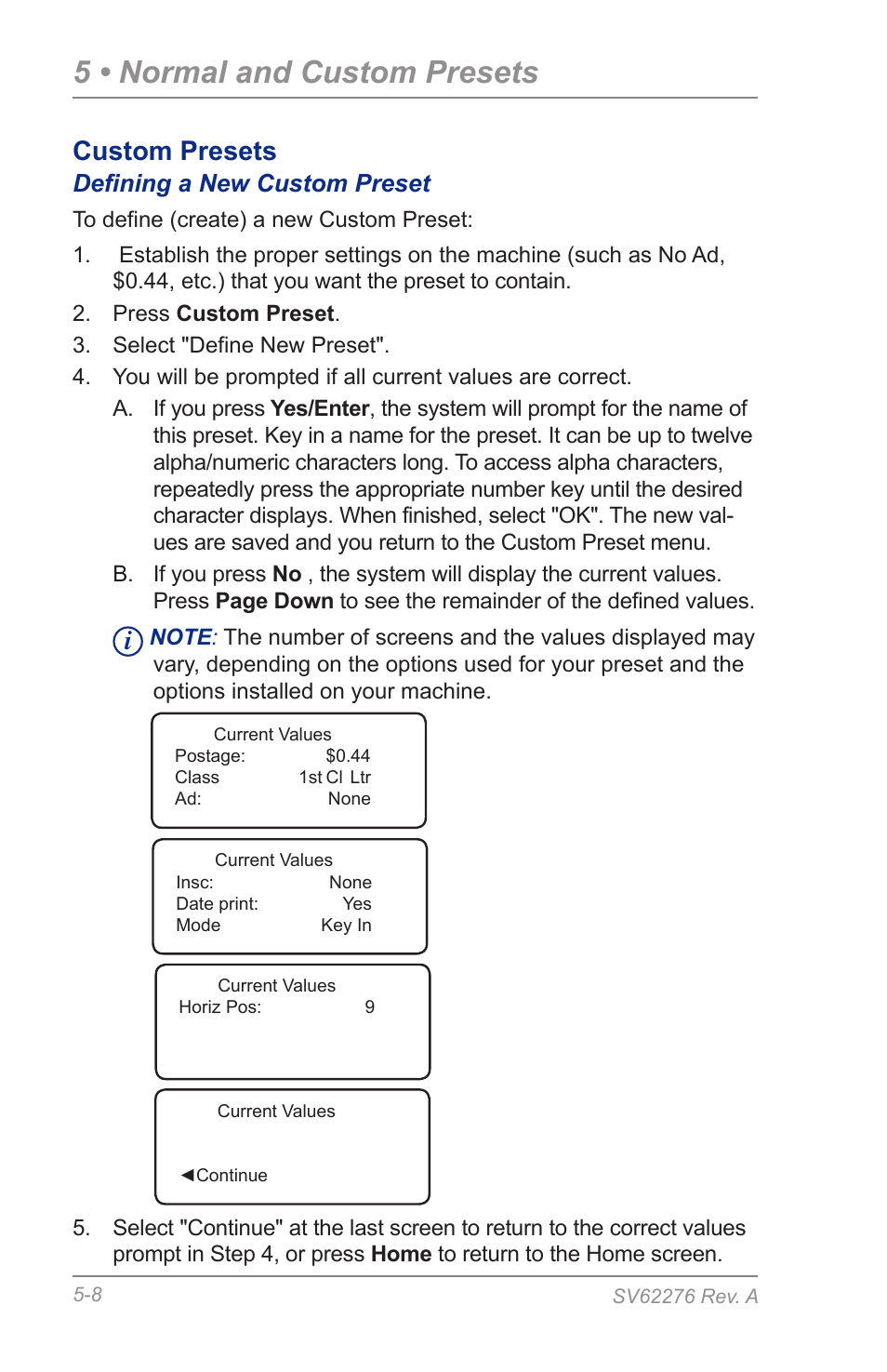 Defining a new custom preset, 5 • normal and custom presets, Custom presets | Pitney Bowes DM125 User Manual | Page 60 / 209