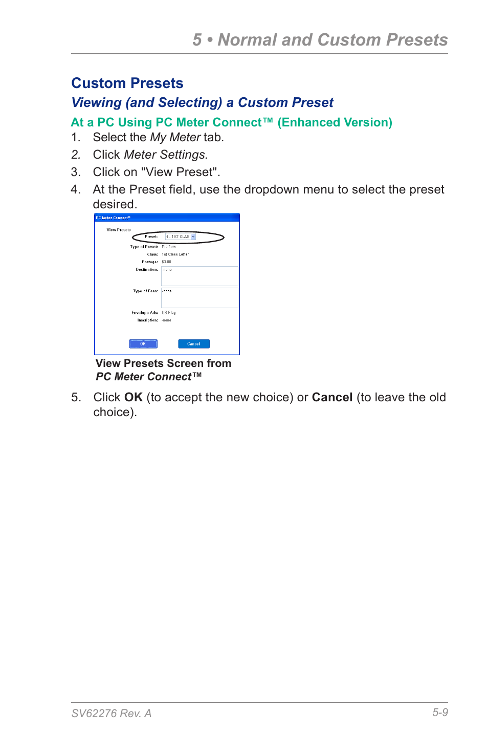 Viewing (and selecting) a custom preset, 5 • normal and custom presets, Custom presets | Pitney Bowes DM125 User Manual | Page 61 / 209