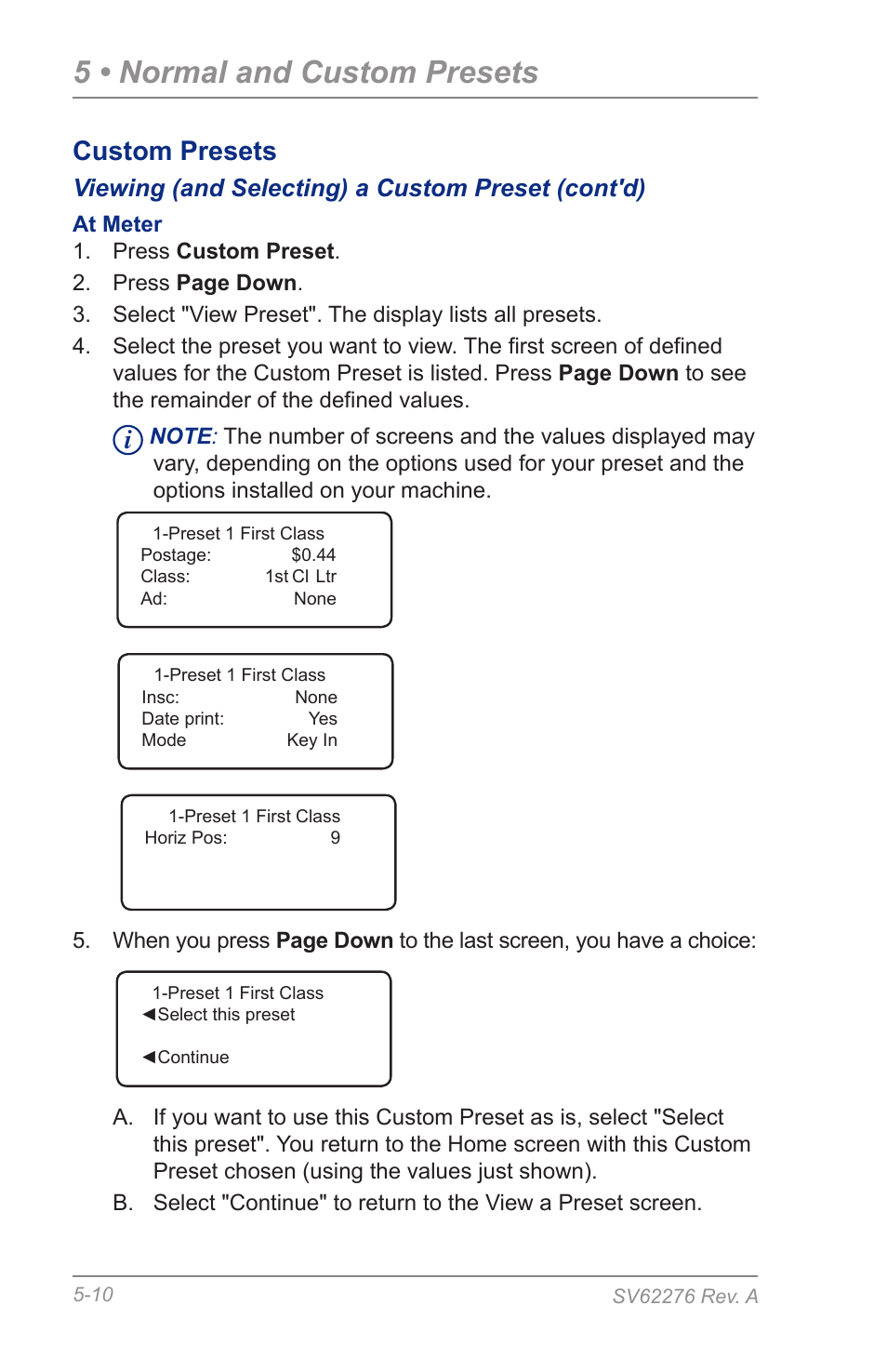 5 • normal and custom presets, Custom presets | Pitney Bowes DM125 User Manual | Page 62 / 209