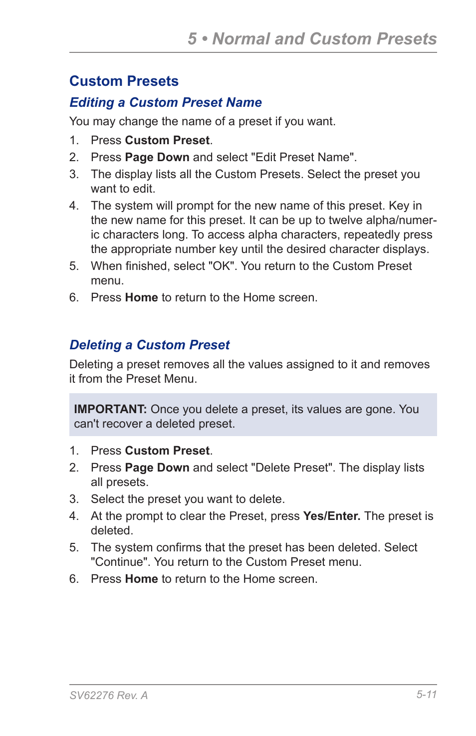 Editing a custom preset name, Deleting a custom preset, 5 • normal and custom presets | Custom presets | Pitney Bowes DM125 User Manual | Page 63 / 209