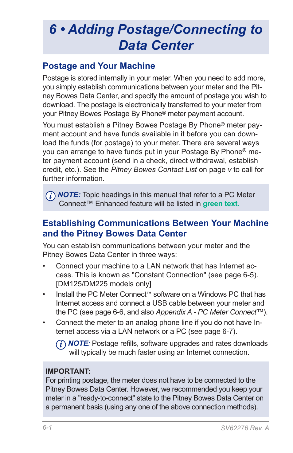 6 • adding postage/connecting to data center, Postage and your machine | Pitney Bowes DM125 User Manual | Page 65 / 209