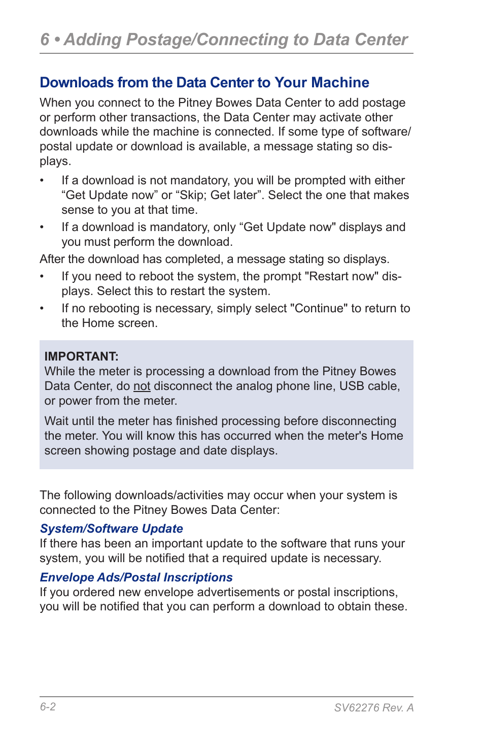 Downloads from the data center to your machine, 6 • adding postage/connecting to data center | Pitney Bowes DM125 User Manual | Page 66 / 209