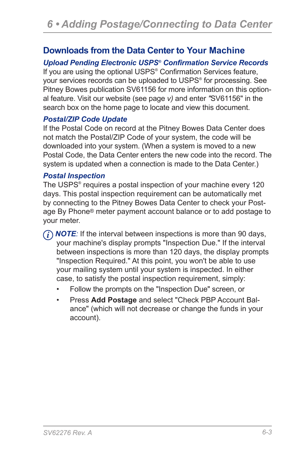 6 • adding postage/connecting to data center, Downloads from the data center to your machine | Pitney Bowes DM125 User Manual | Page 67 / 209