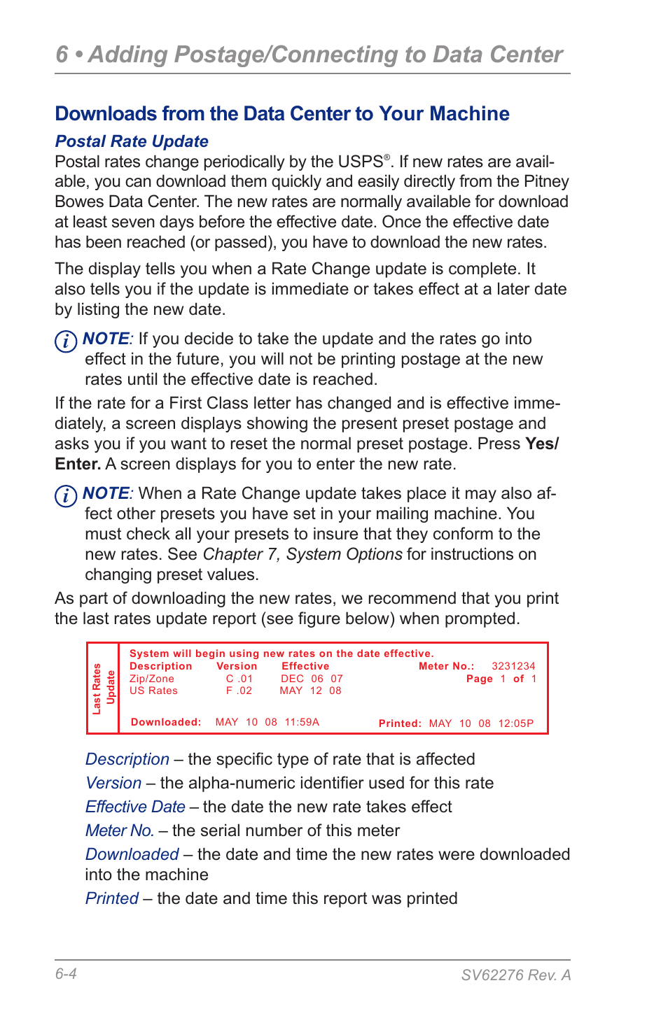 6 • adding postage/connecting to data center, Downloads from the data center to your machine | Pitney Bowes DM125 User Manual | Page 68 / 209