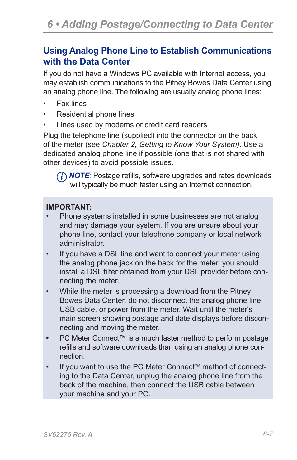 6 • adding postage/connecting to data center | Pitney Bowes DM125 User Manual | Page 71 / 209