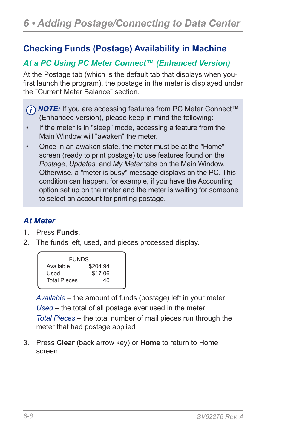 Checking funds (postage) availability in machine, 6 • adding postage/connecting to data center | Pitney Bowes DM125 User Manual | Page 72 / 209