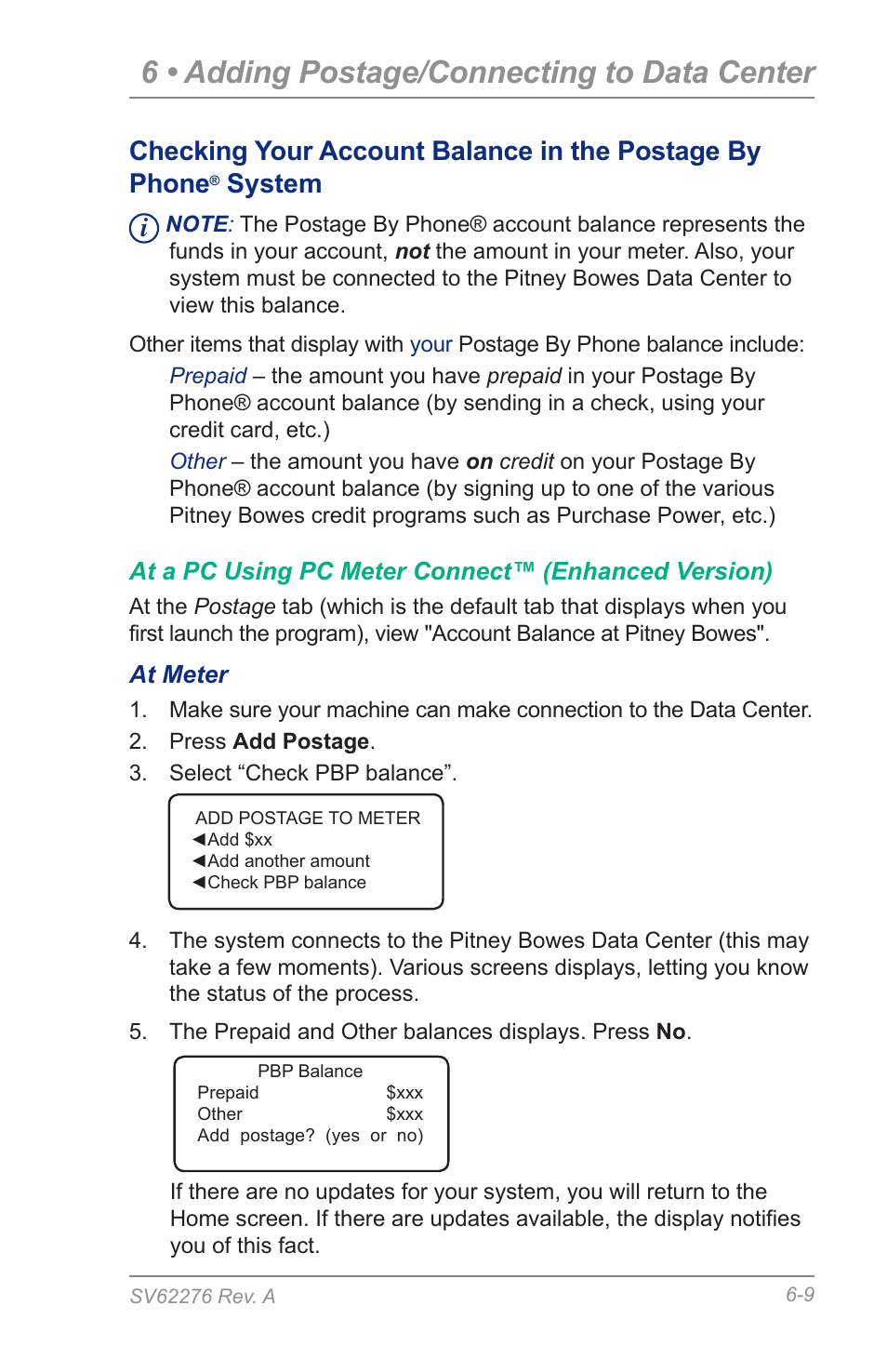 6 • adding postage/connecting to data center, System | Pitney Bowes DM125 User Manual | Page 73 / 209