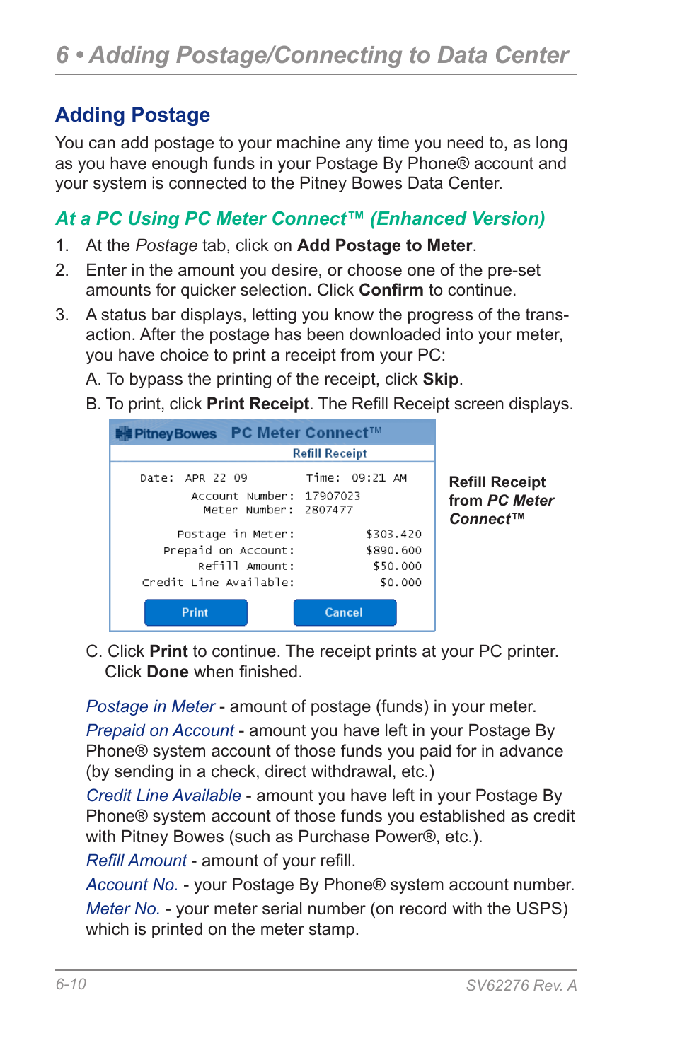 Adding postage, 6 • adding postage/connecting to data center | Pitney Bowes DM125 User Manual | Page 74 / 209