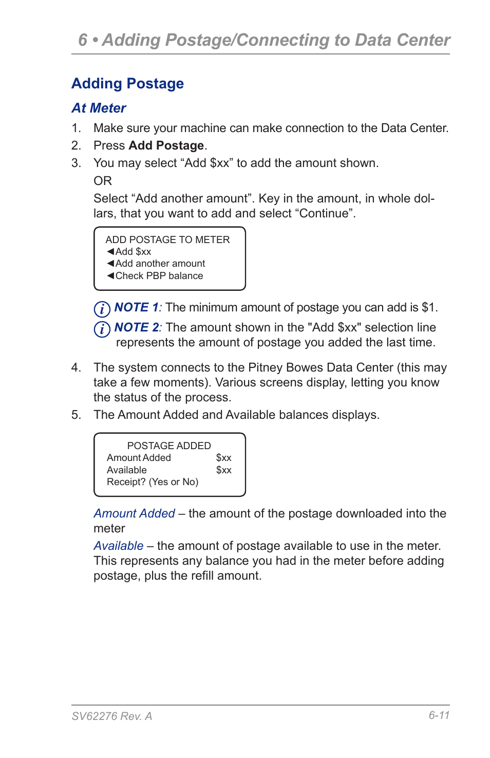 6 • adding postage/connecting to data center, Adding postage | Pitney Bowes DM125 User Manual | Page 75 / 209