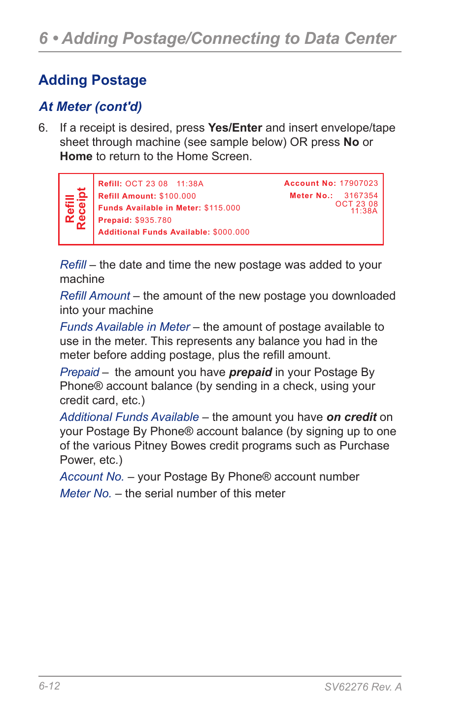 6 • adding postage/connecting to data center, Adding postage, At meter (cont'd) | Pitney Bowes DM125 User Manual | Page 76 / 209