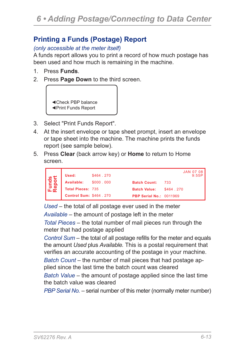 Printing a funds (postage) report, 6 • adding postage/connecting to data center | Pitney Bowes DM125 User Manual | Page 77 / 209