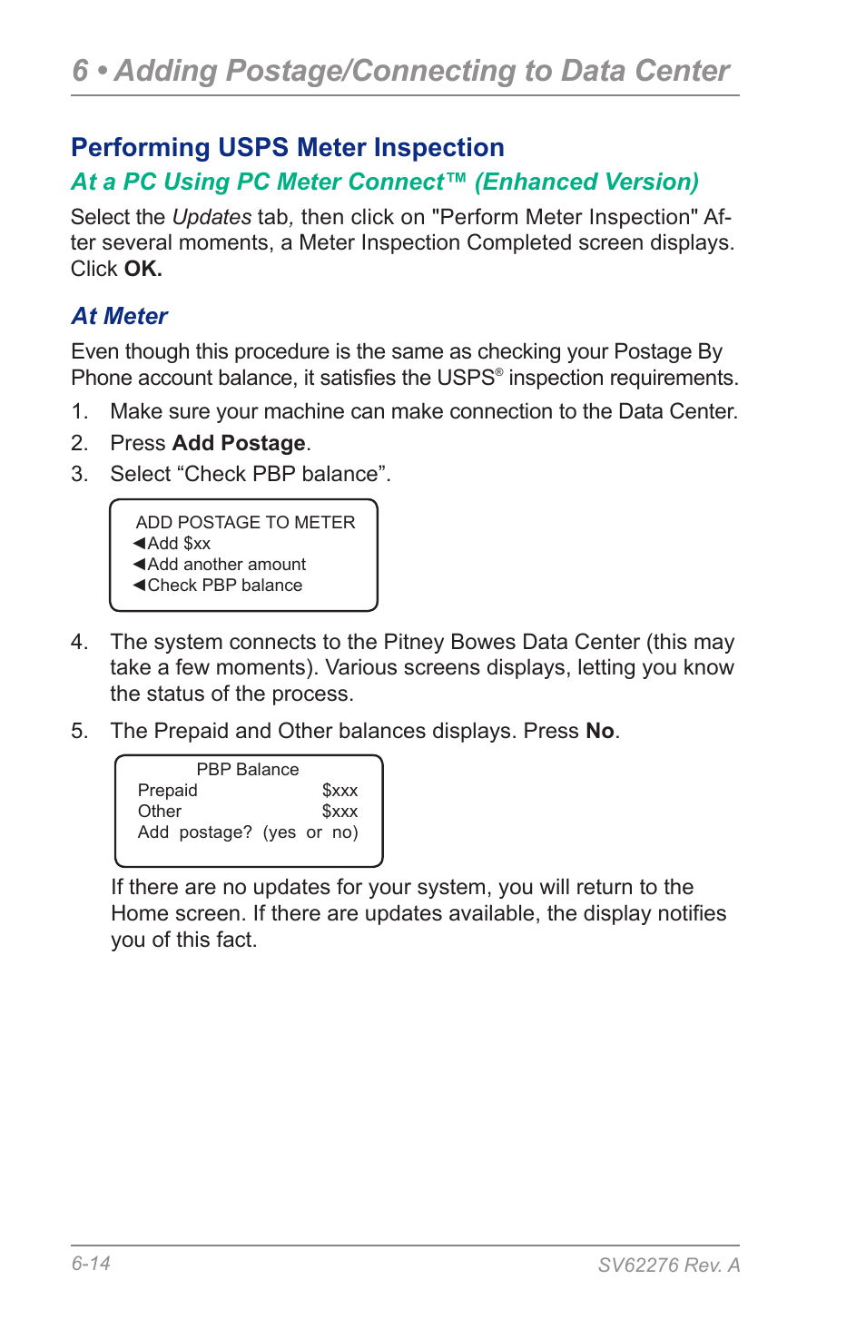 Performing usps meter inspection, 6 • adding postage/connecting to data center | Pitney Bowes DM125 User Manual | Page 78 / 209