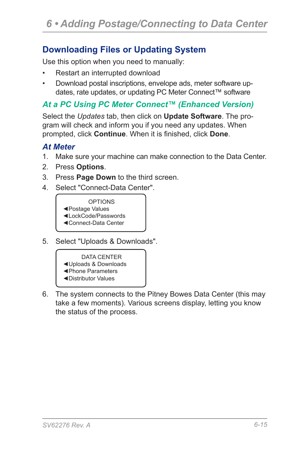 Downloading files or updating system, 6 • adding postage/connecting to data center | Pitney Bowes DM125 User Manual | Page 79 / 209