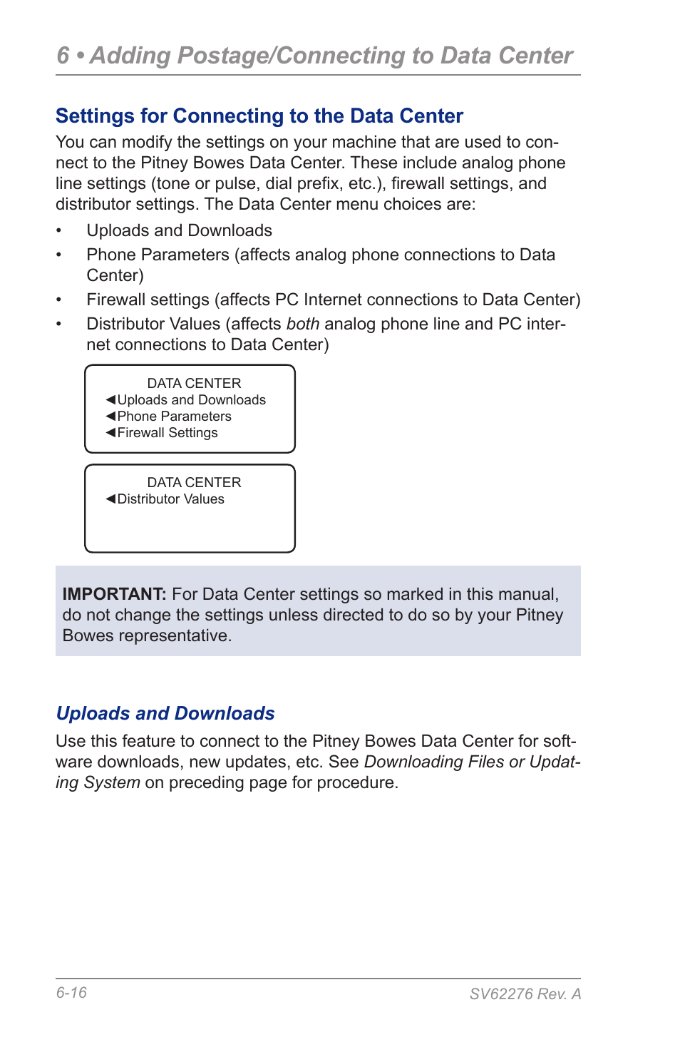 Settings for connecting to the data center, 6 • adding postage/connecting to data center | Pitney Bowes DM125 User Manual | Page 80 / 209