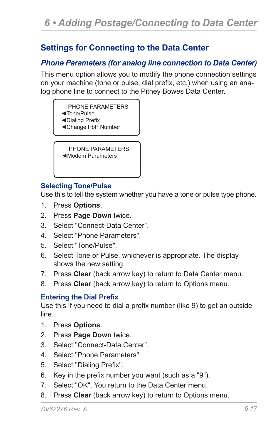 6 • adding postage/connecting to data center, Settings for connecting to the data center | Pitney Bowes DM125 User Manual | Page 81 / 209