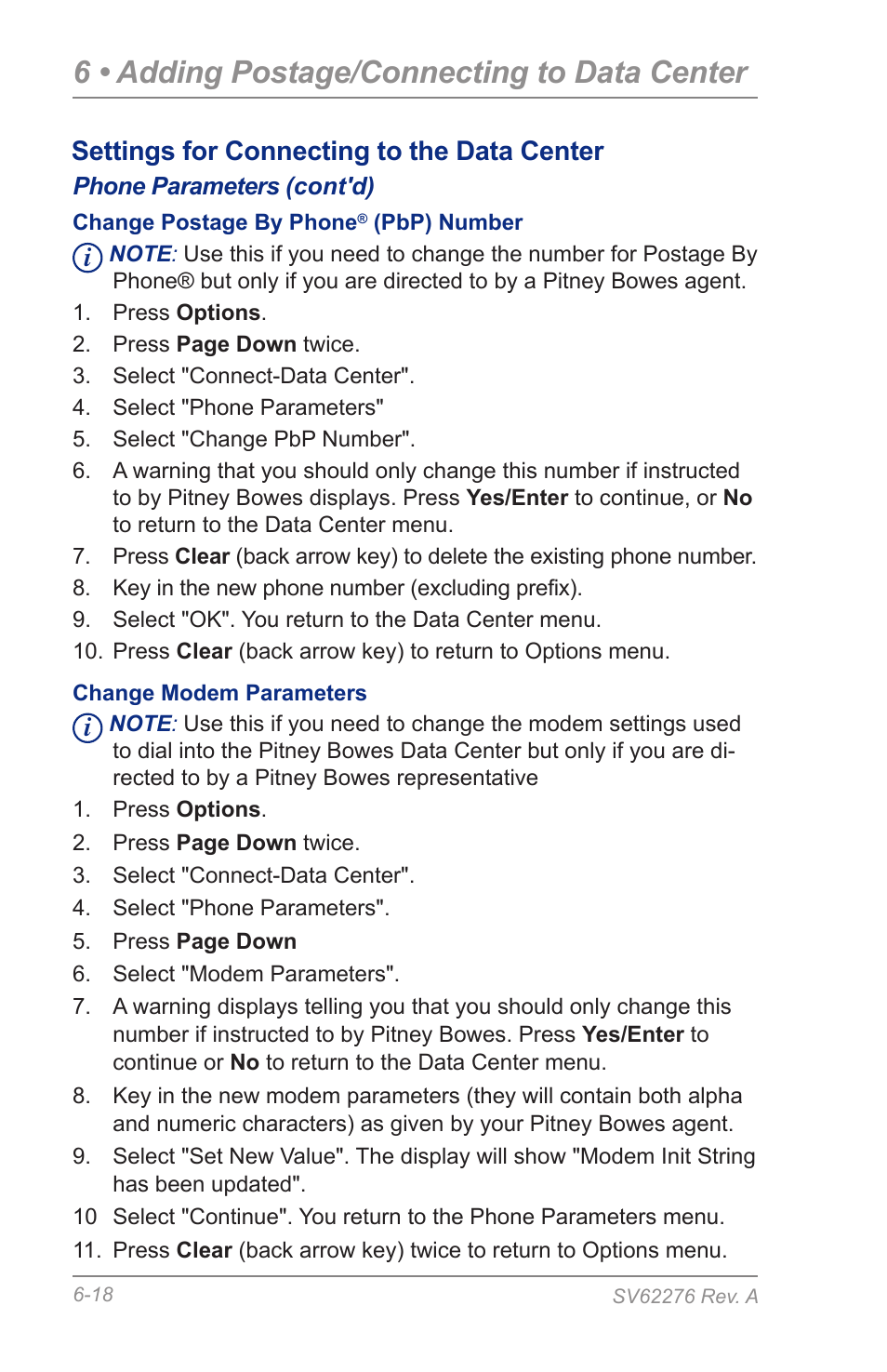 6 • adding postage/connecting to data center, Settings for connecting to the data center | Pitney Bowes DM125 User Manual | Page 82 / 209