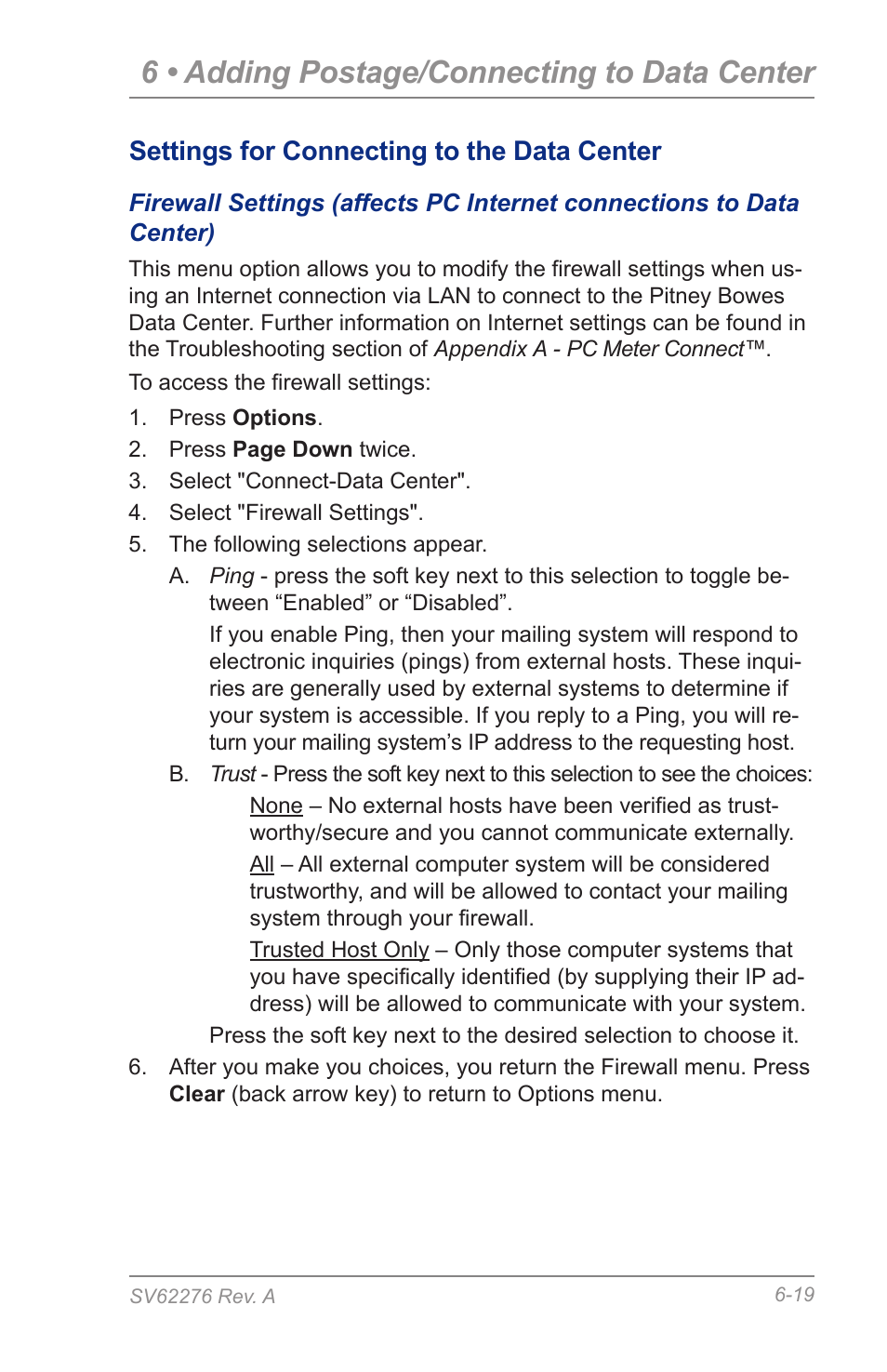 6 • adding postage/connecting to data center, Settings for connecting to the data center | Pitney Bowes DM125 User Manual | Page 83 / 209