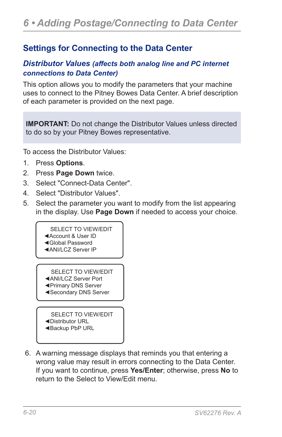 6 • adding postage/connecting to data center, Settings for connecting to the data center | Pitney Bowes DM125 User Manual | Page 84 / 209