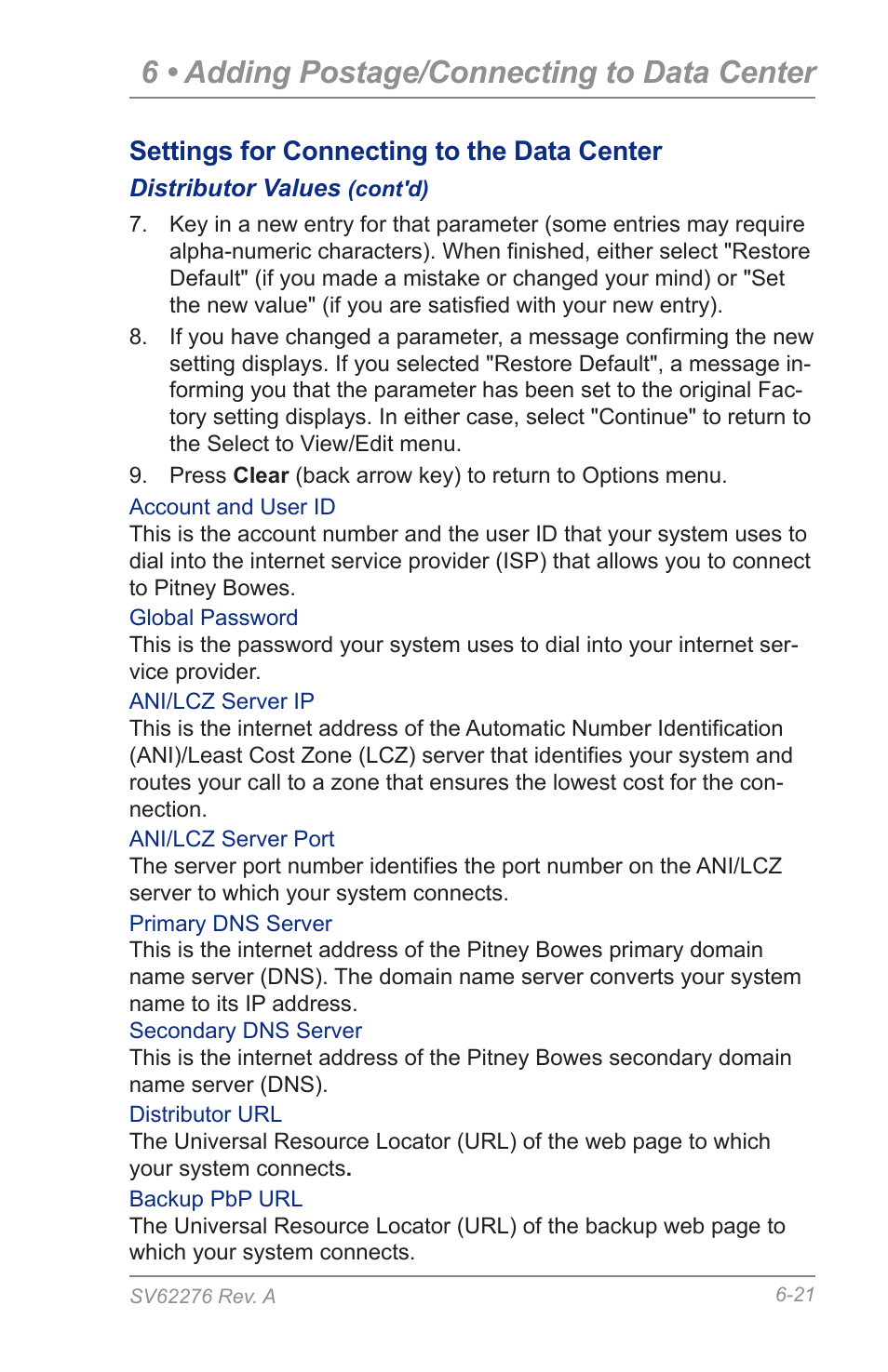 6 • adding postage/connecting to data center, Settings for connecting to the data center | Pitney Bowes DM125 User Manual | Page 85 / 209