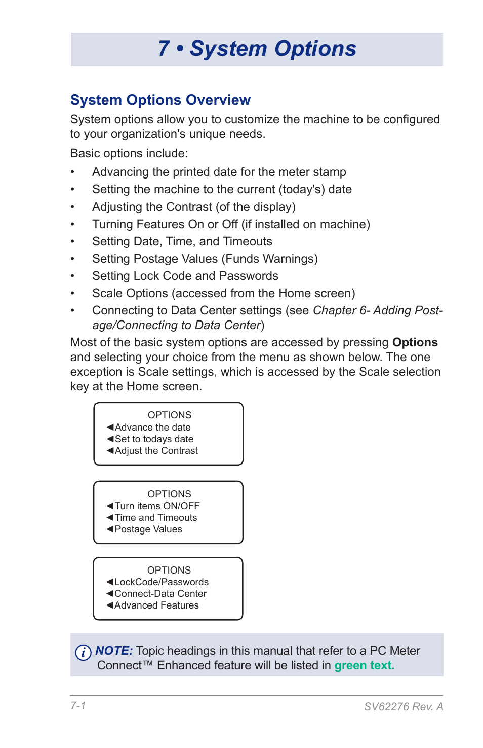 7 • system options, System options overview | Pitney Bowes DM125 User Manual | Page 87 / 209