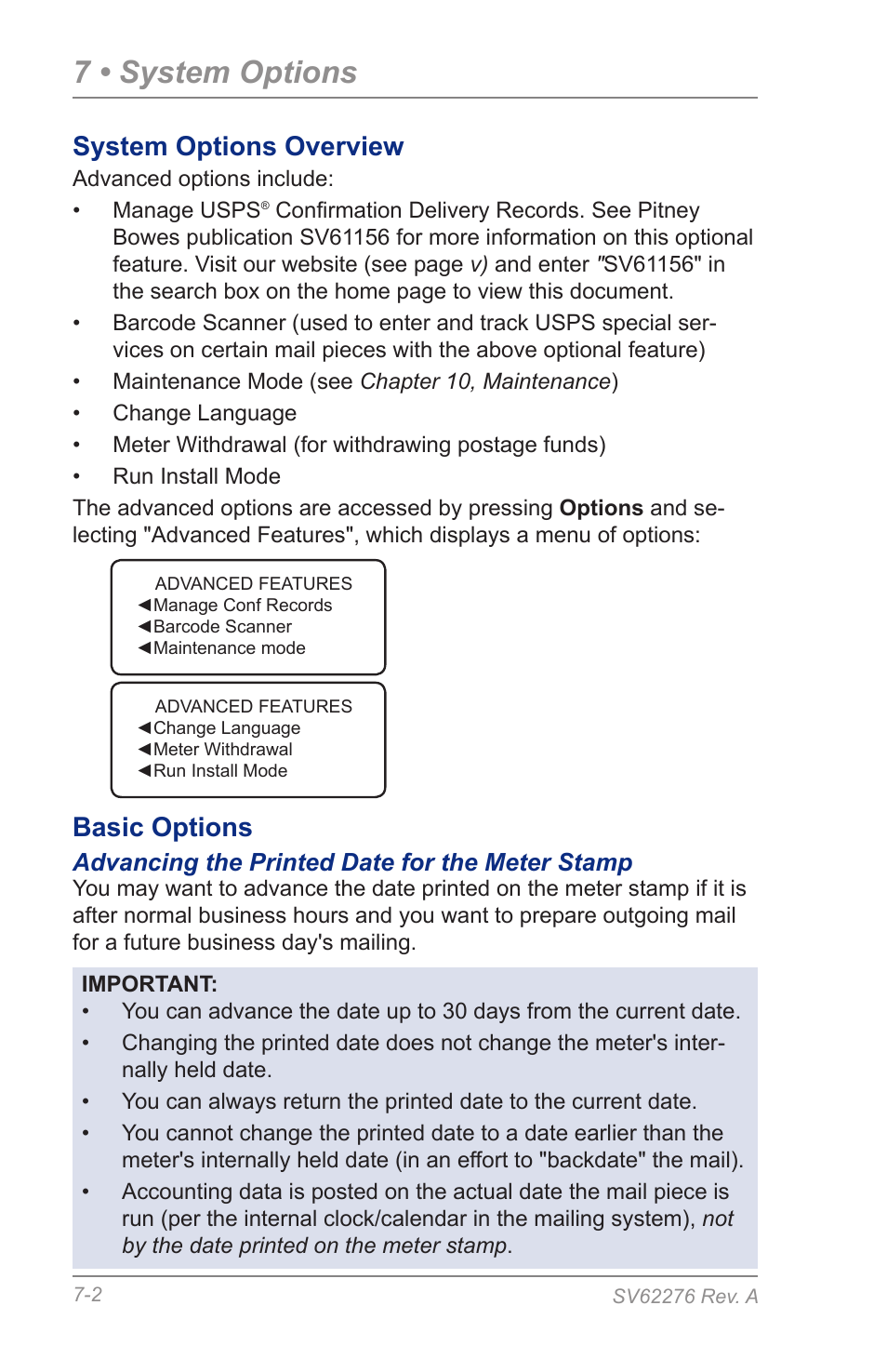 Basic options, Advancing the printed date for the meter stamp, 7 • system options | System options overview | Pitney Bowes DM125 User Manual | Page 88 / 209