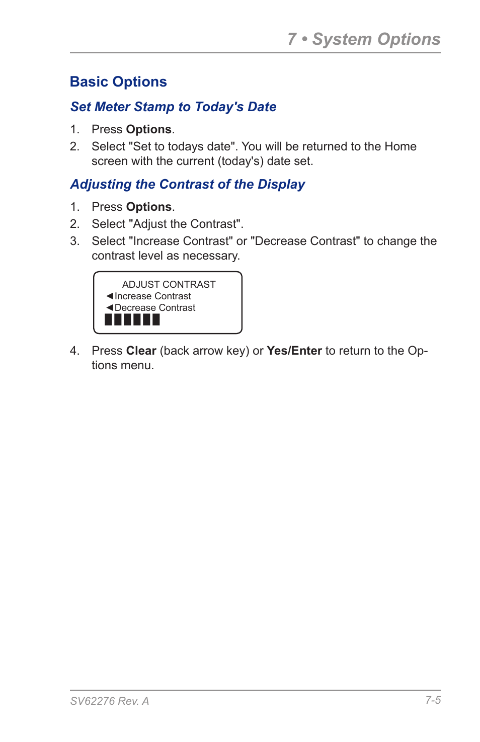 Set meter stamp to today's date, Adjusting the contrast of the display, 7 • system options | Basic options | Pitney Bowes DM125 User Manual | Page 91 / 209