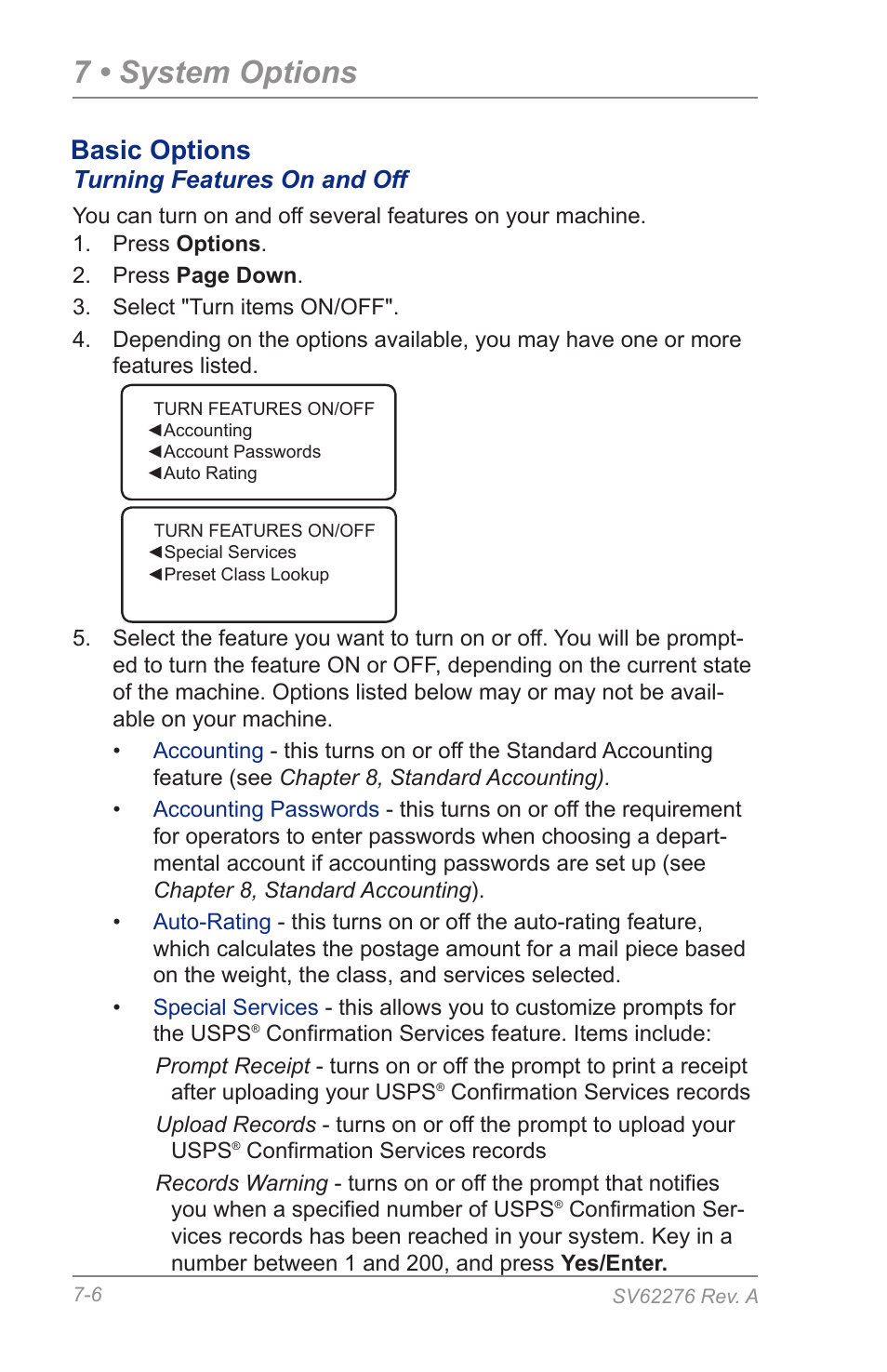 Turning features on and off, 7 • system options, Basic options | Pitney Bowes DM125 User Manual | Page 92 / 209