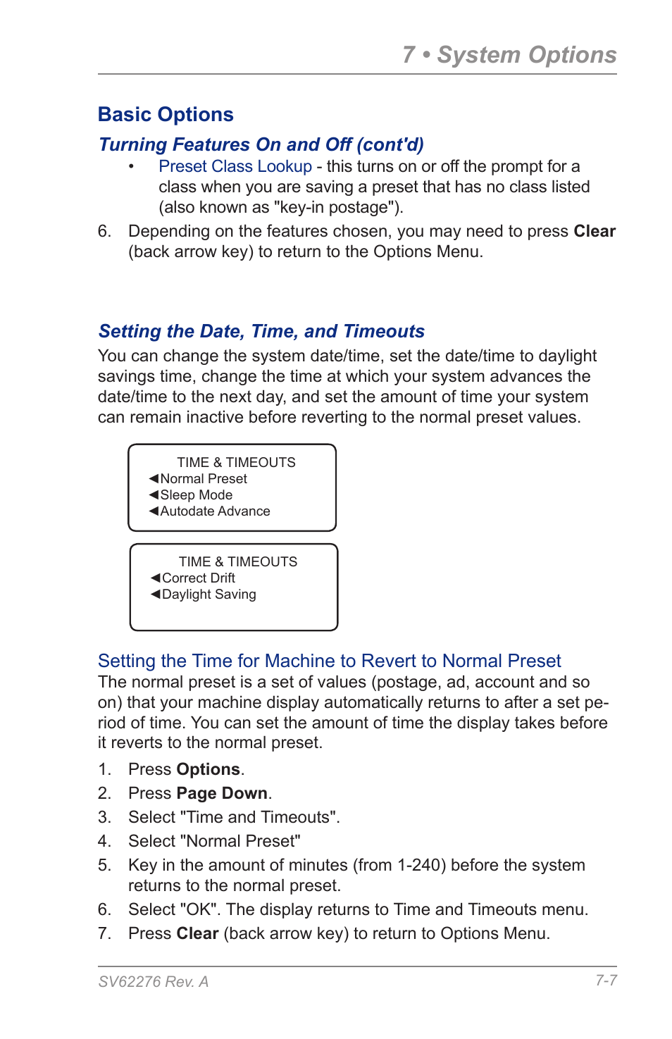 Setting the date, time, and timeouts, 7 • system options, Basic options | Pitney Bowes DM125 User Manual | Page 93 / 209