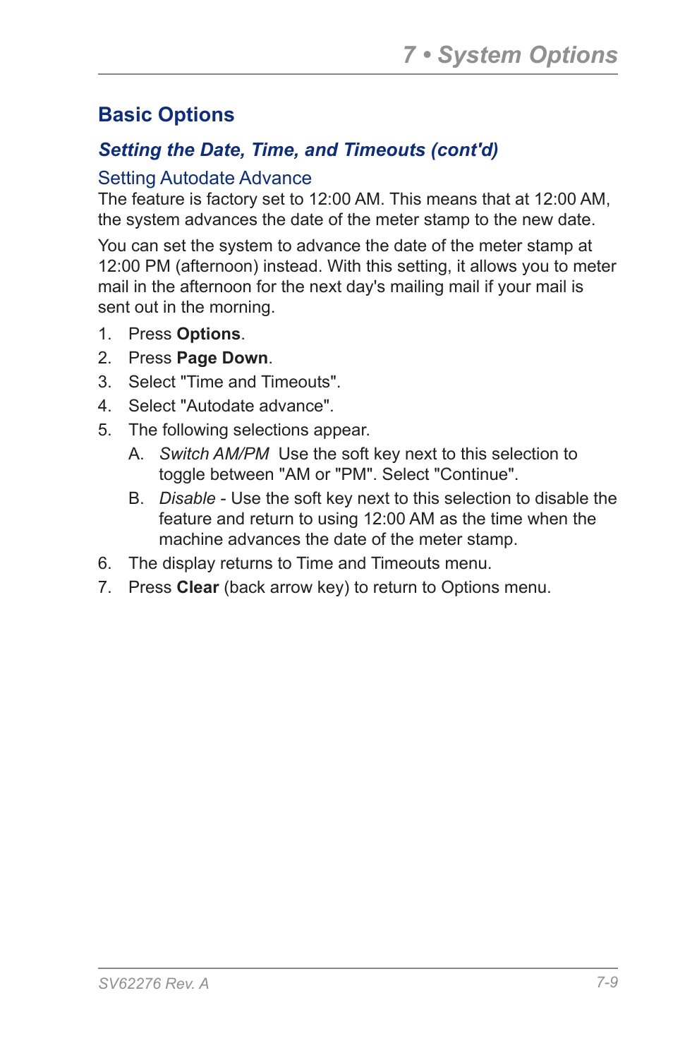 7 • system options, Basic options | Pitney Bowes DM125 User Manual | Page 95 / 209