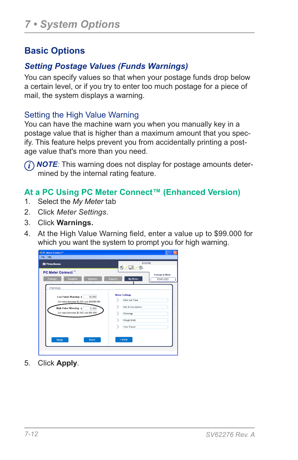 Setting postage values (funds warnings), 7 • system options | Pitney Bowes DM125 User Manual | Page 98 / 209