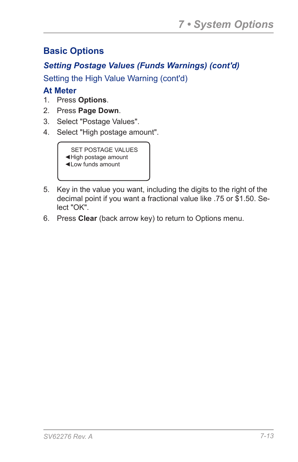 7 • system options, Basic options | Pitney Bowes DM125 User Manual | Page 99 / 209