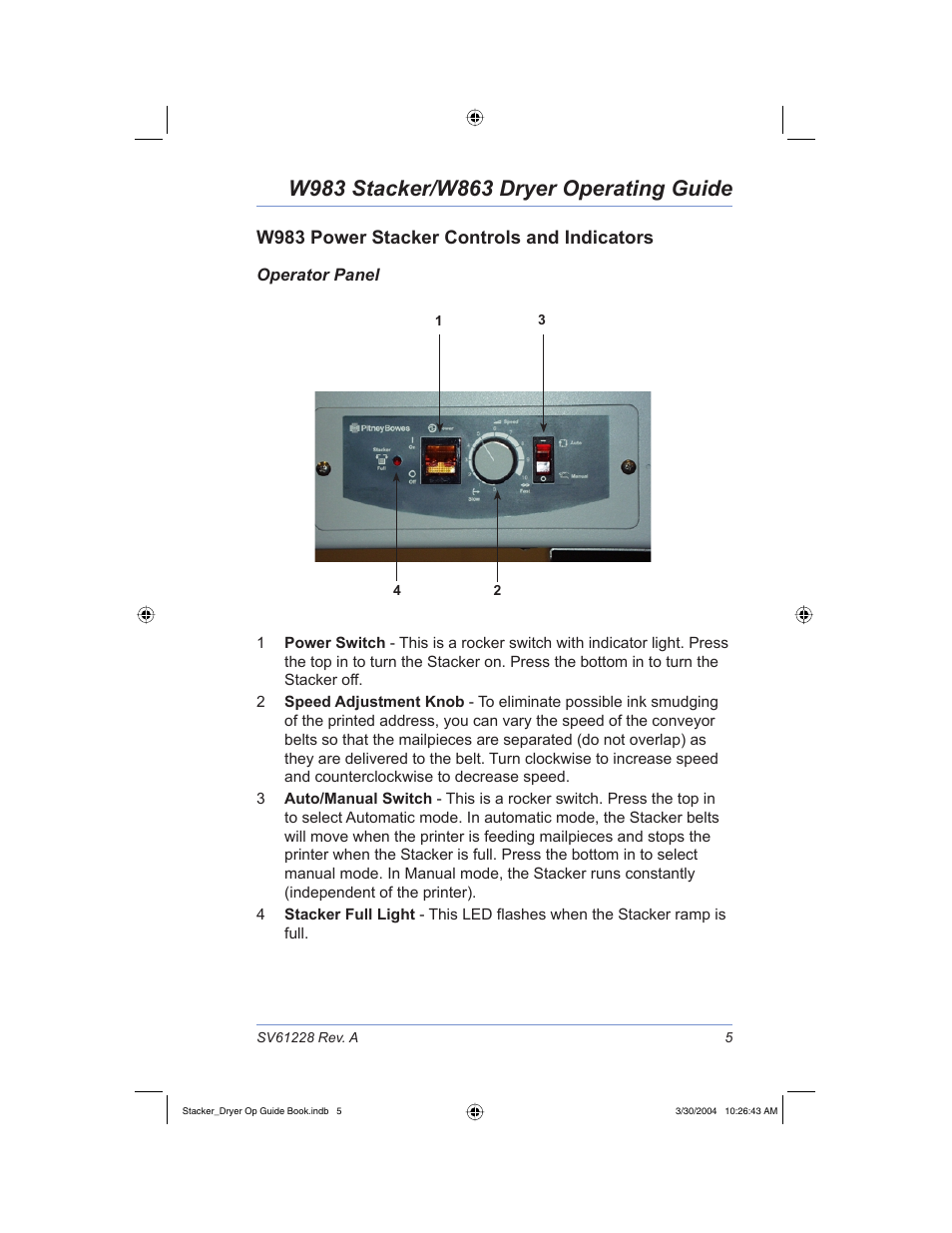 W983 power stacker controls and indicators | Pitney Bowes W983 User Manual | Page 8 / 30