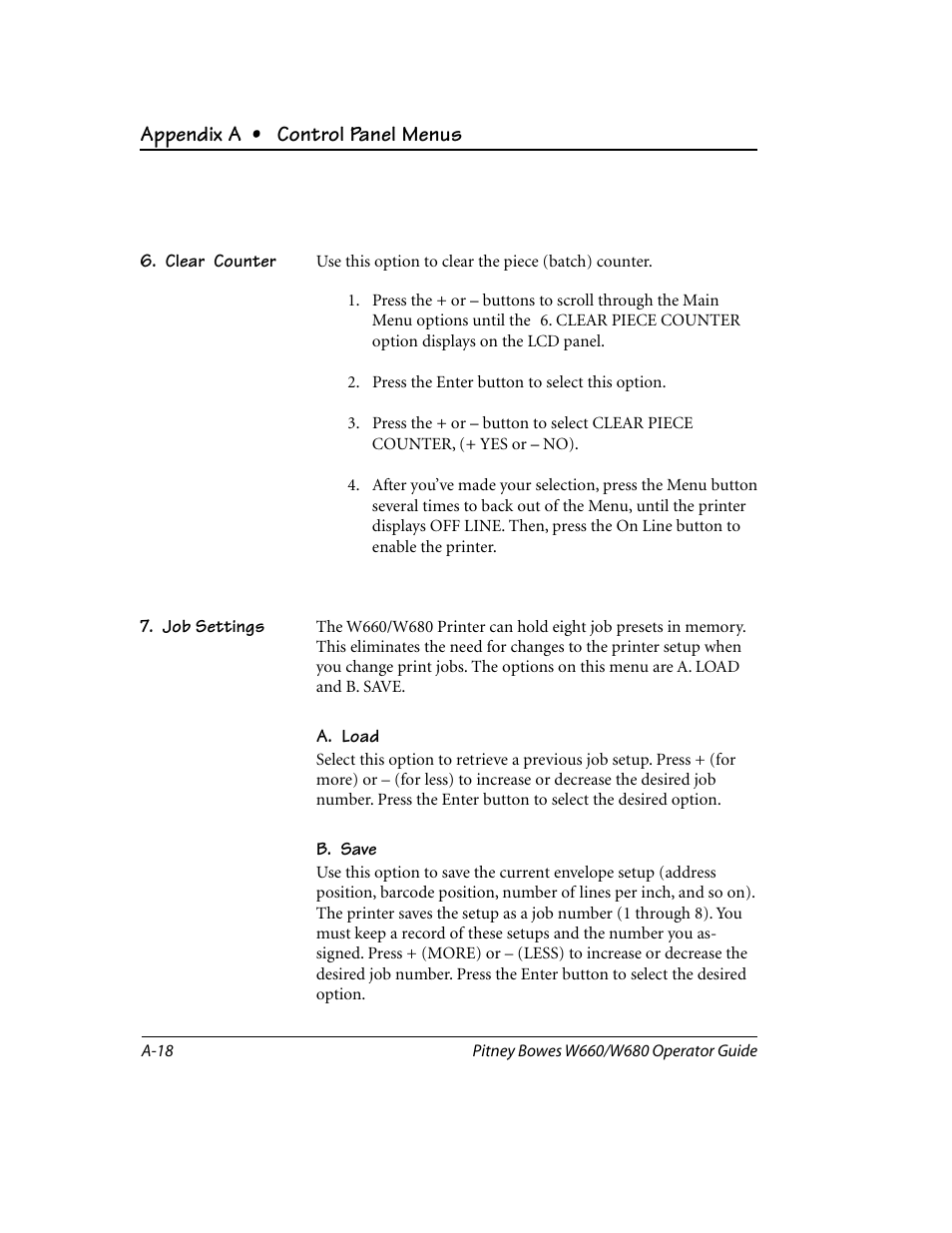 Clear counter, Job settings, Appendix a • control panel menus | Pitney Bowes W680 User Manual | Page 100 / 130