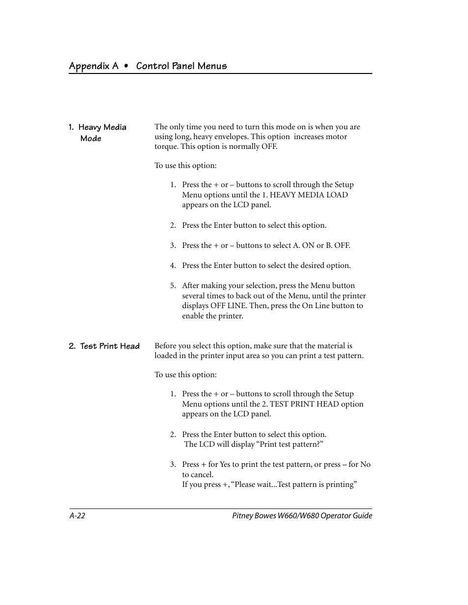 Heavy media mode, Test print head, Appendix a • control panel menus | Pitney Bowes W680 User Manual | Page 104 / 130