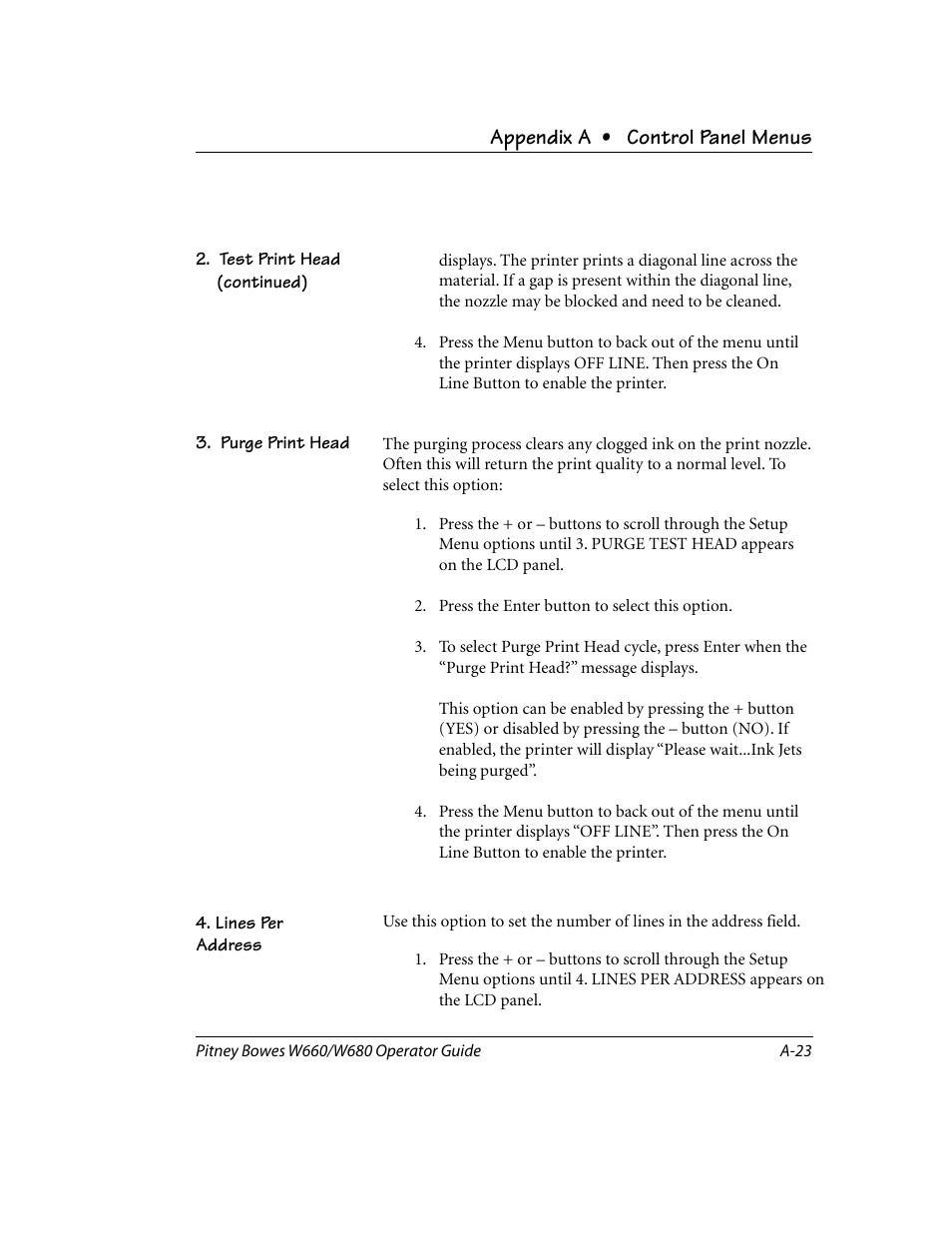 Purge print head, Lines per address, Appendix a • control panel menus | Pitney Bowes W680 User Manual | Page 105 / 130