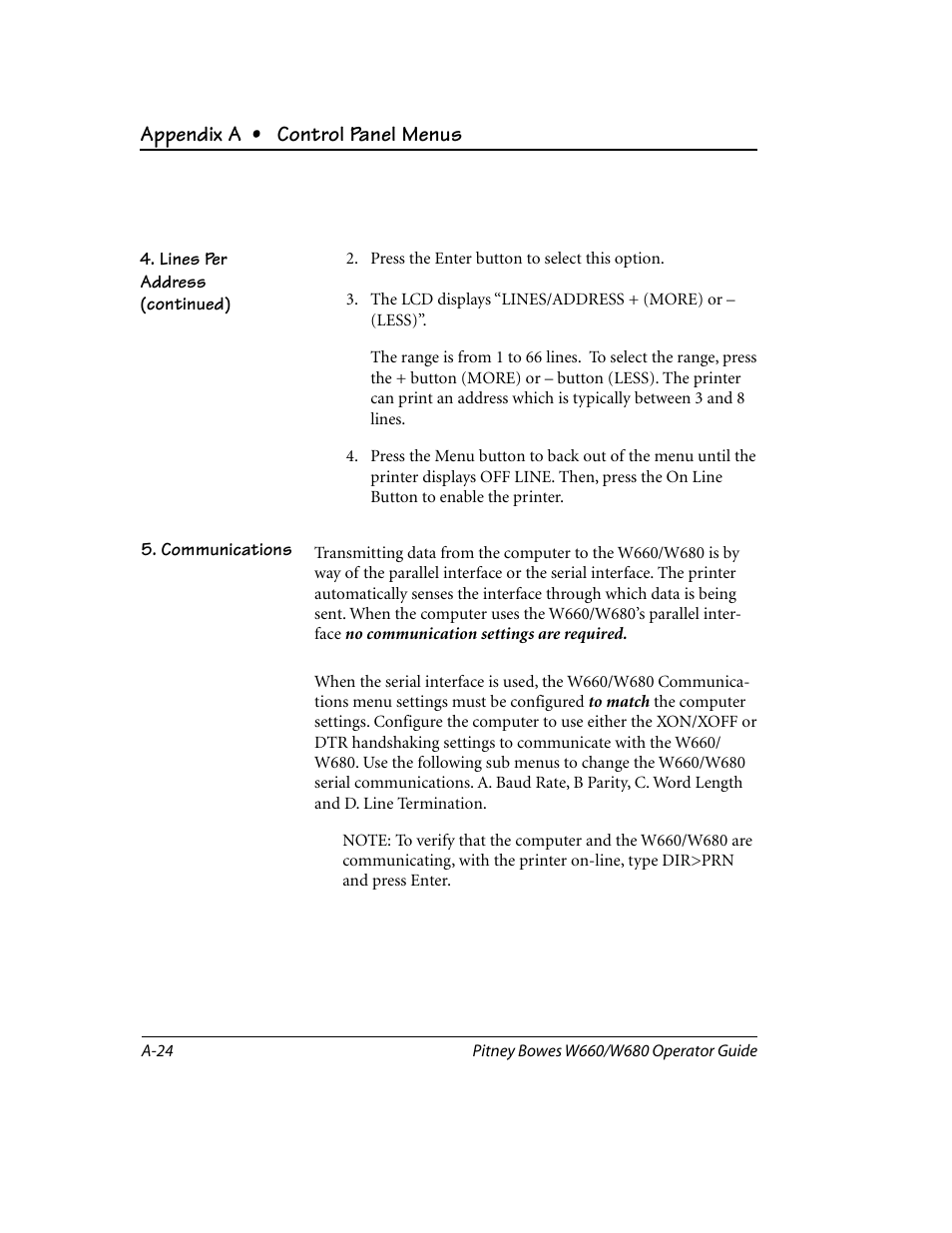 Communications, Appendix a • control panel menus | Pitney Bowes W680 User Manual | Page 106 / 130