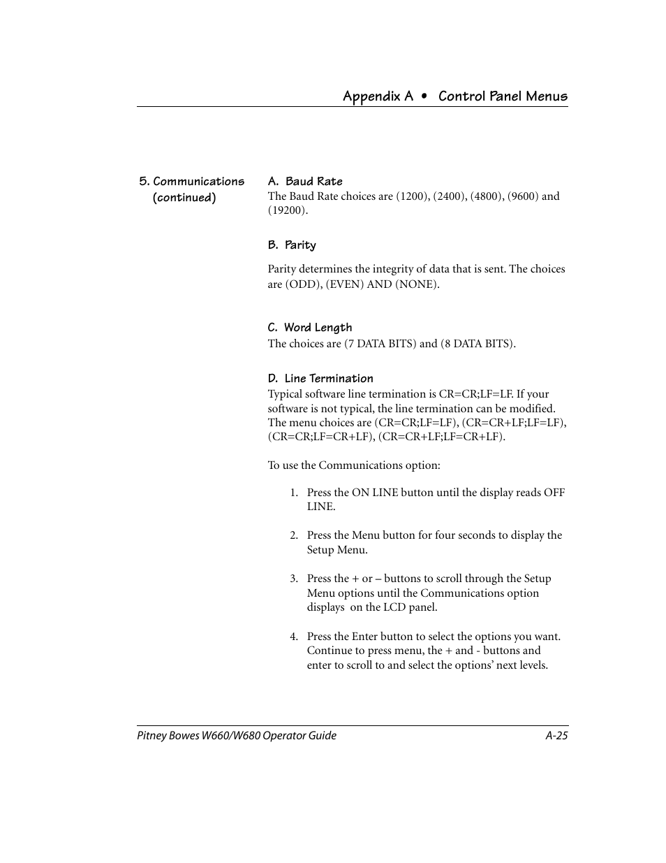 Appendix a • control panel menus | Pitney Bowes W680 User Manual | Page 107 / 130