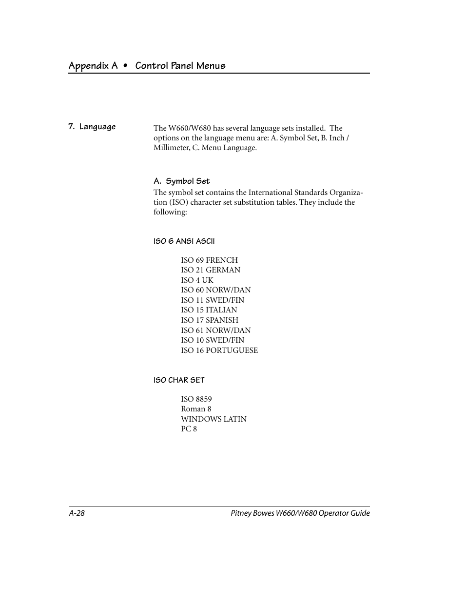 Language, Appendix a • control panel menus | Pitney Bowes W680 User Manual | Page 110 / 130