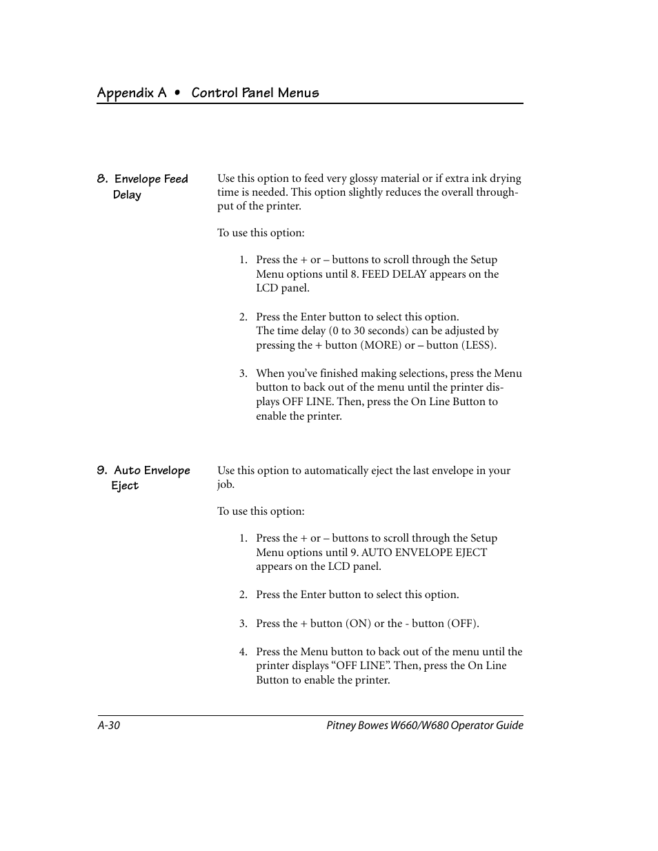 Envelope feed delay, Auto envelope eject, Appendix a • control panel menus | Pitney Bowes W680 User Manual | Page 112 / 130