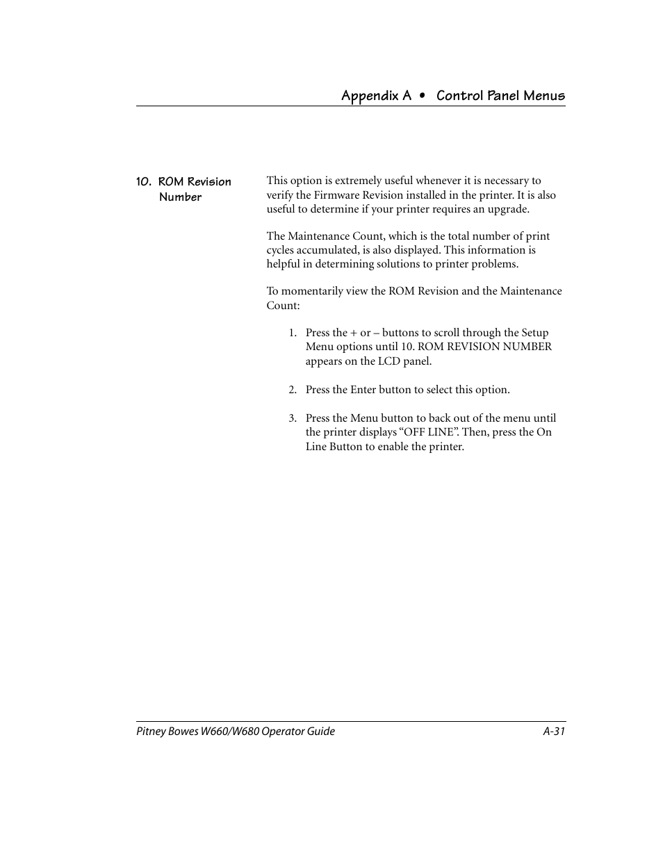 Rom revision number, Appendix a • control panel menus | Pitney Bowes W680 User Manual | Page 113 / 130