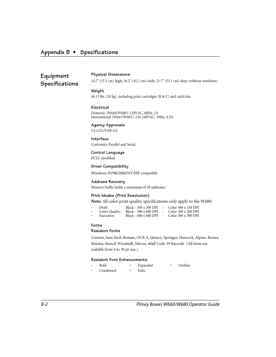 Equipment specifications, Appendix b • specifications | Pitney Bowes W680 User Manual | Page 116 / 130